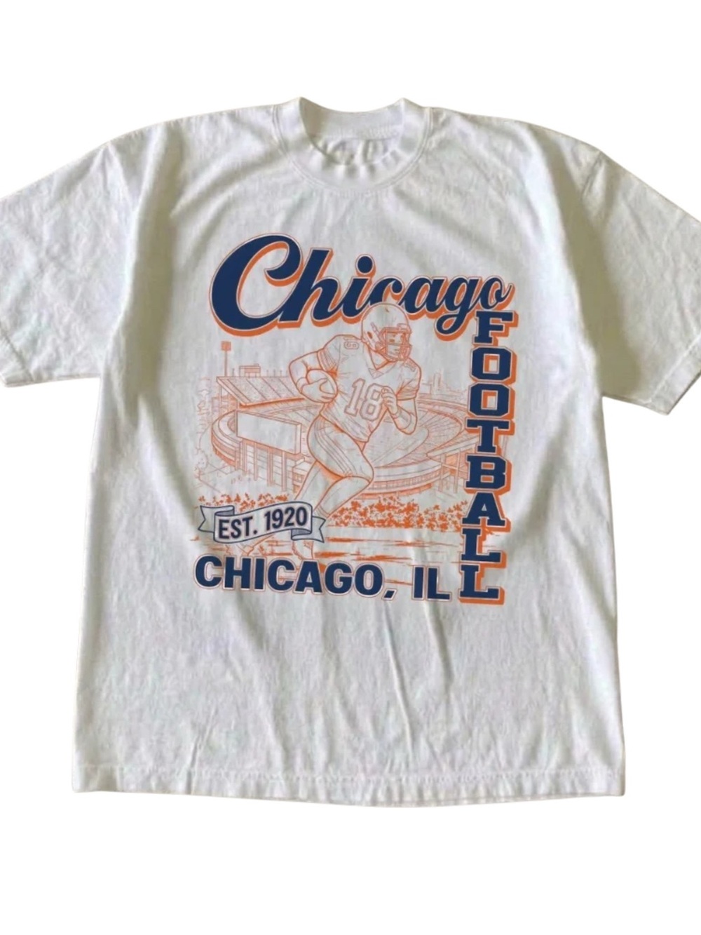 White Chicago Football Graphic Tee with Orange & Navy